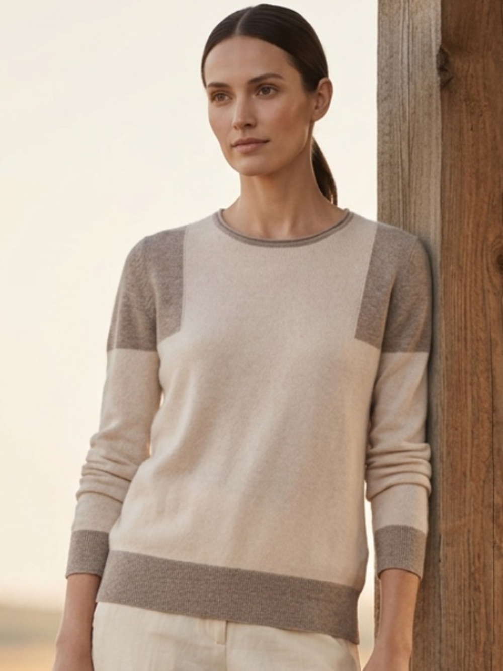 HALOGEN 100% Cashmere Sweater Pullover Colorblock Beige
